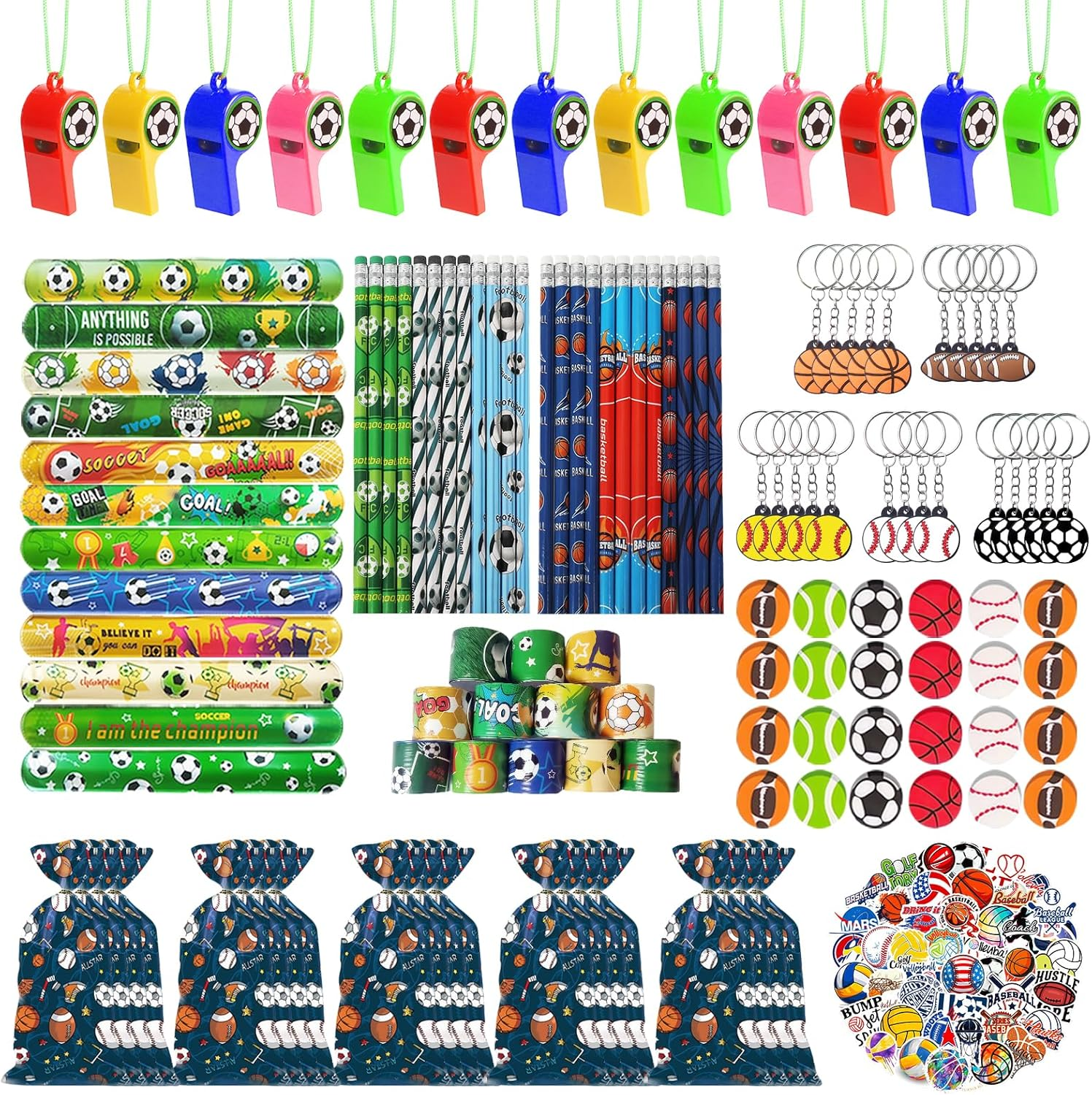 Oundarm 194Pcs Sports Ball Stationery Party Favors Set Soccer Basketball Baseball Football Pencil Eraser Keychain Slap Bracelet Whistle Sticker Goodie Bag Bulk Kids Gift Classroom Rewards Supplies image number 3