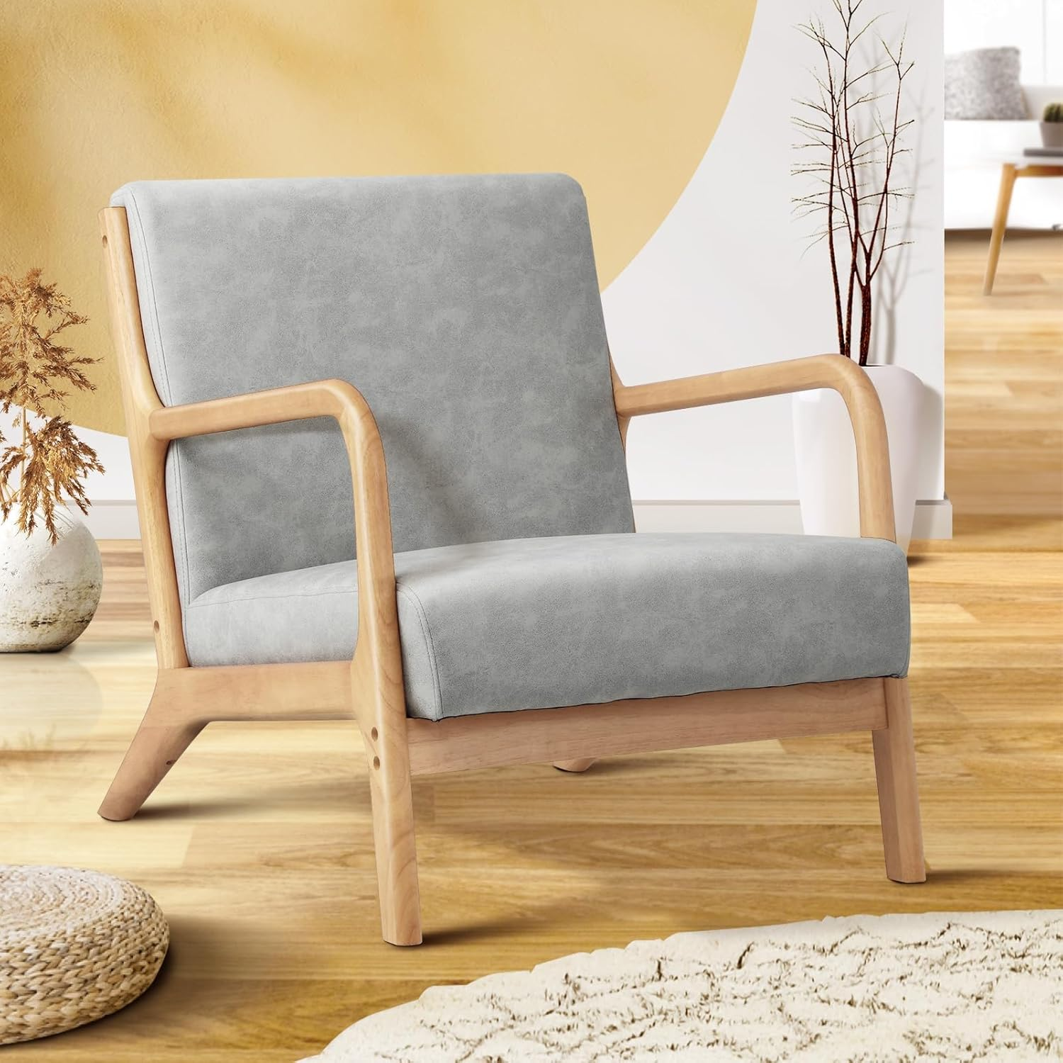 Oikiture Armchair with 2 Seater, Wooden Frame Lounge Chair with Pillow and Cushion Beige