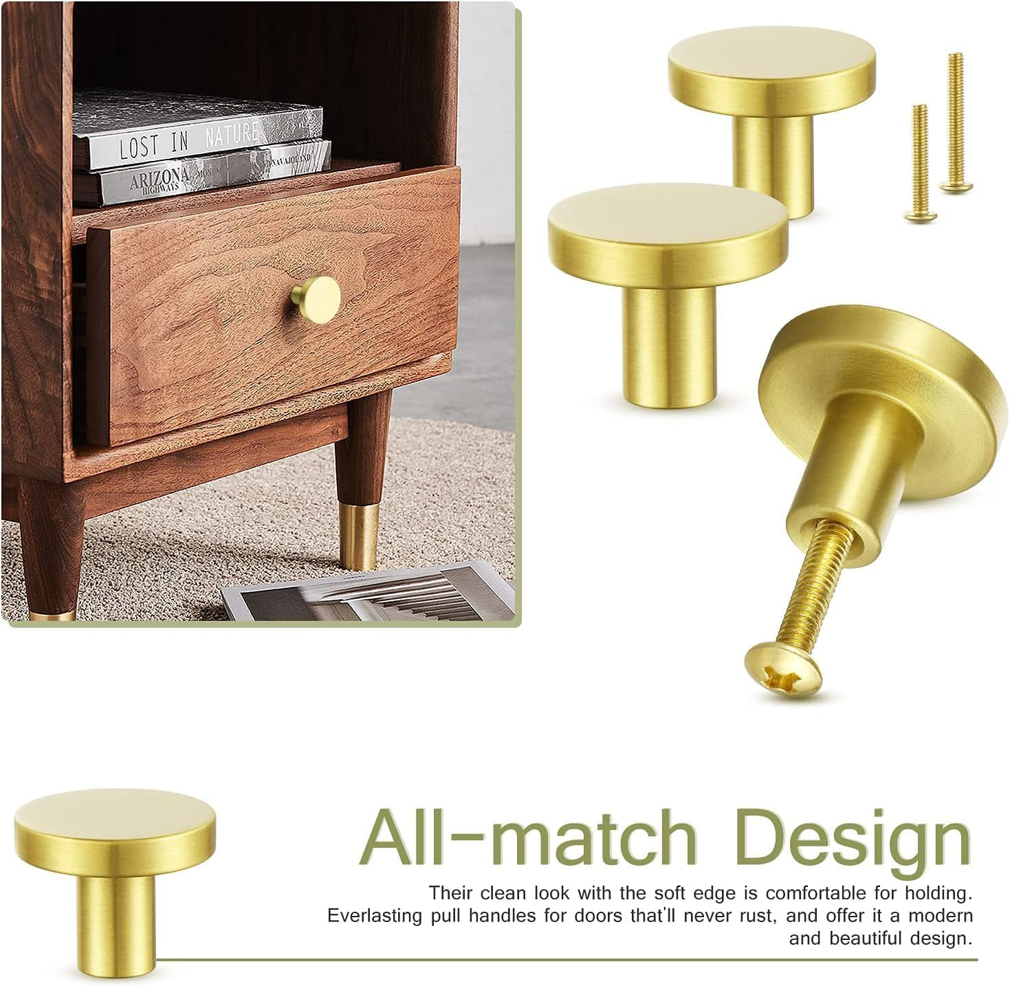 8PCS Brass Gold Cabinet Knobs, 25Mm Small round Dresser Knobs, Solid Modern Single Hole Drawer Knobs, Metal Cupboard with Screws Decorative Kitchen Hardware (8, 25Mm/1Inch) image number 4