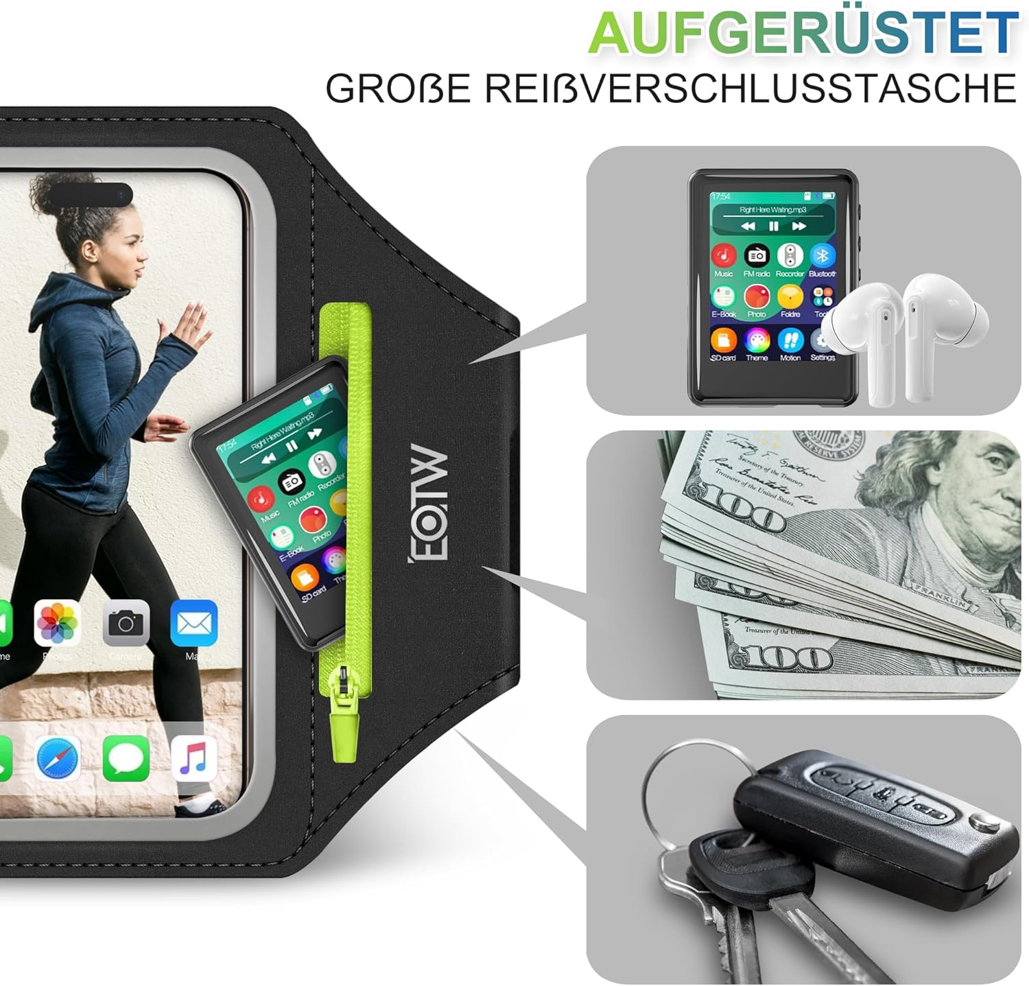 EOTW Universal Sports Armband Mobile Phone Holder Arm with Airpods Case for MP3 Player/Iphone 16/15/14/13 Pro Max Galaxy S24+/S23+/S22/S21 (6.0 Inches ~ 6.7 Inches) image number 6