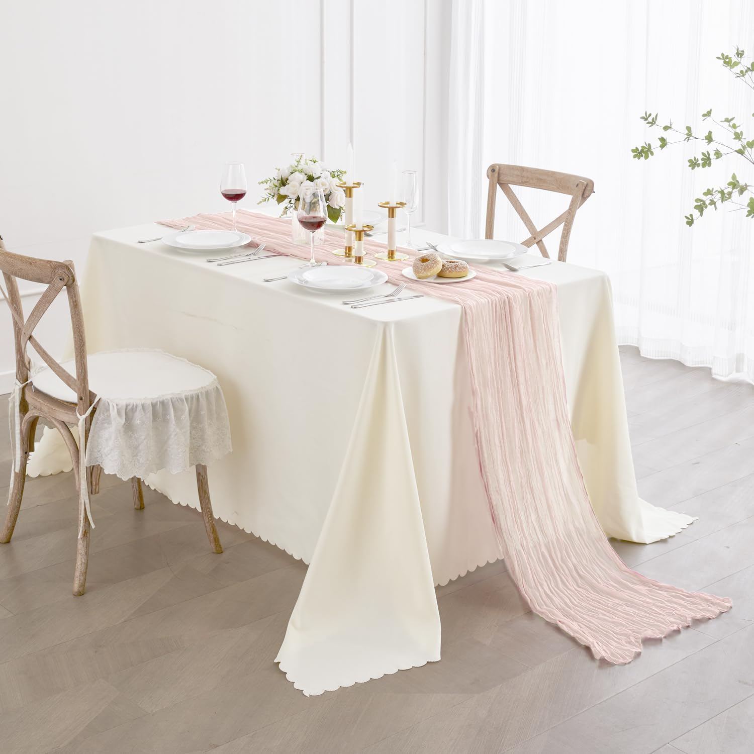 Nialnant Light Pink Cheesecloth Table Runner - 10 Ft Boho Wedding Gauze Runner, 120 Inches Long for Bridal Baby Shower Decor - Beige image number 2