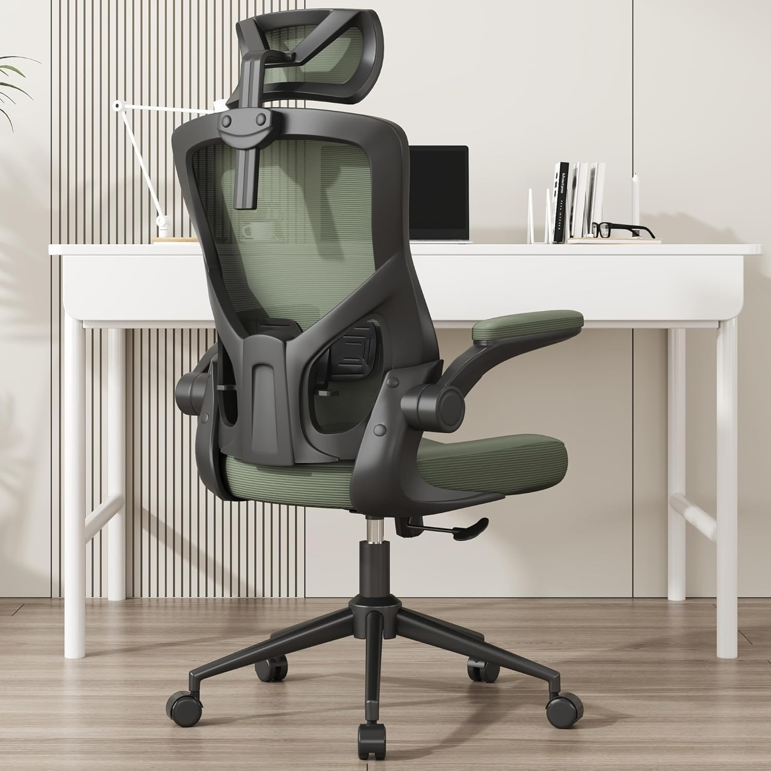 , Ergonomic Mesh Desk Chair, High Back Computer Chair- Adjustable Headrest with Flip-Up Arms, Lumbar Support, Swivel Executive Task Chair (Modern, Hunter Green) - Beige image number 5