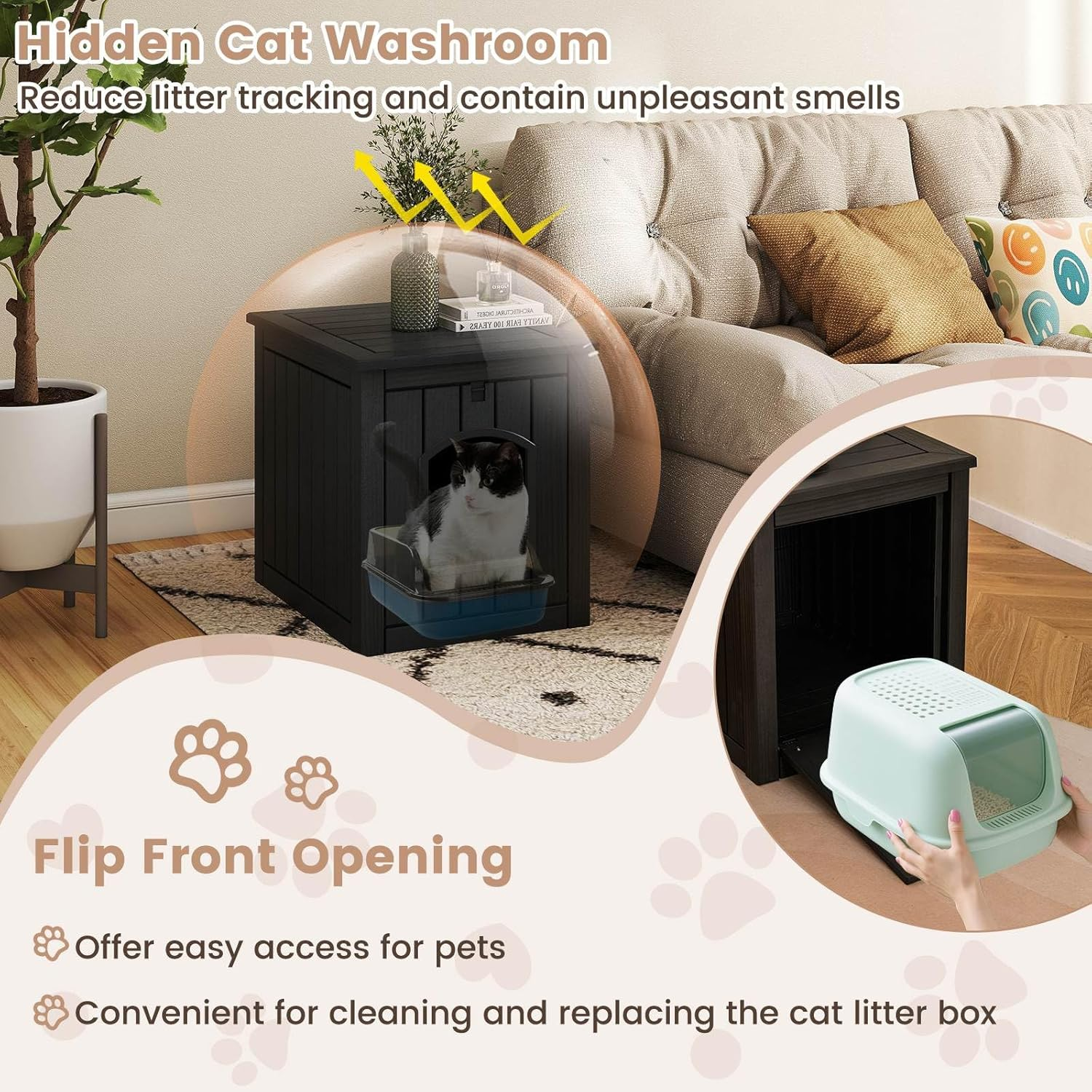 Costway Indoor Outdoor Cat House, Hidden Cat Litter Box Enclosure W/Flip Front Door & Raised Floor, Waterproof Puppy Shelter, Decorative Pet Cabinet Side Table for Poolside, Garden (Black) image number 1