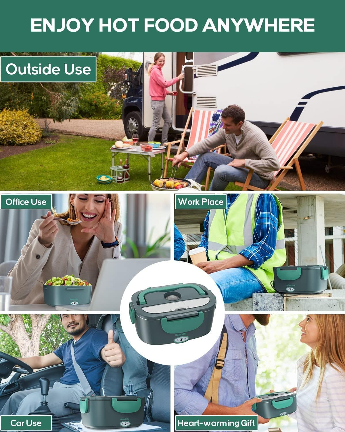 Electric Lunch Box Food Heater 60W1.5L Leak-Proof Heated Lunch Box 12V 24V 220V 3 in 1 Portable Food Warmer for Car/Truck/Office 304 Stainless Steel Container Spoon & Fork and Carry Bag (Dark Green) image number 1