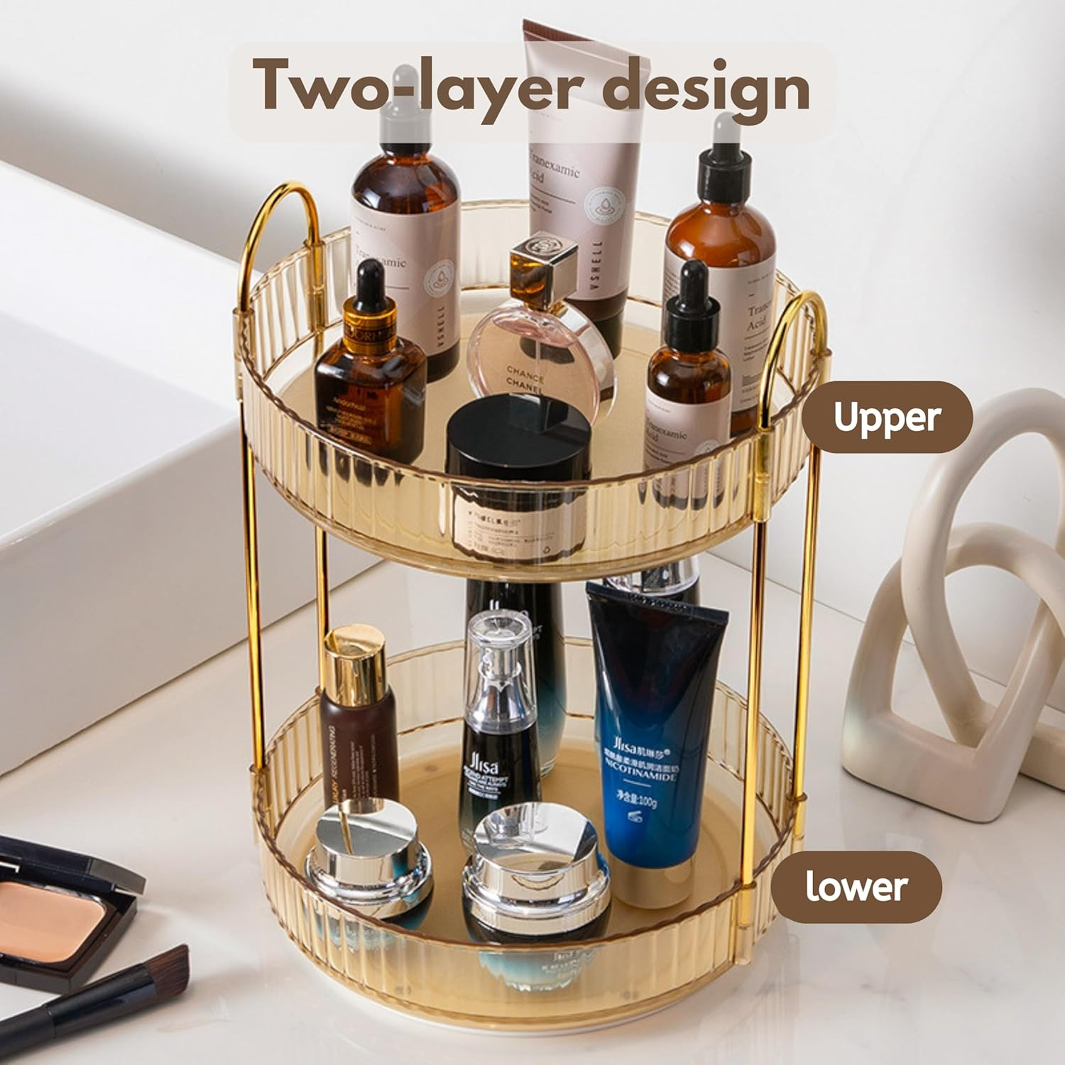 360 Rotating Makeup for Vanity, Bathroom Countertop Organizer Spinning Perfume Organizer, High-Capacity Cosmetic and Skincare Dresser Make up Holder Rack (2 Tiers) image number 6
