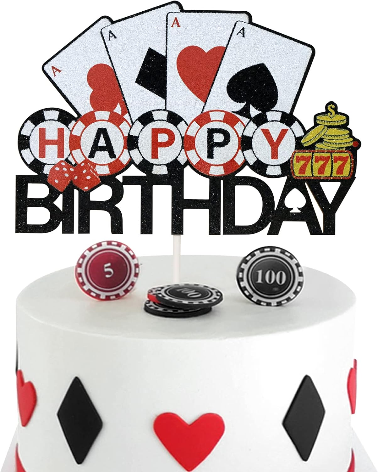 Casino Happy Birthday Cake Topper, Poker Theme Birthday Cake Decor, Las Vegas Party Supplies, Pre-Assembled, Double-Sided Glitter image number 1