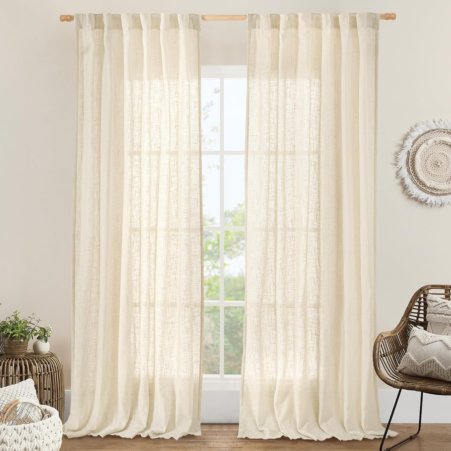 LAMIT Cream Linen Curtains for Living Room 84 Inch Length 2 Panels, Light Filtering Semi Sheer Panels Back Tab and Rod Pocket Boho Drapes for Bedroom/Farmhouse, 42 X 84 Inch