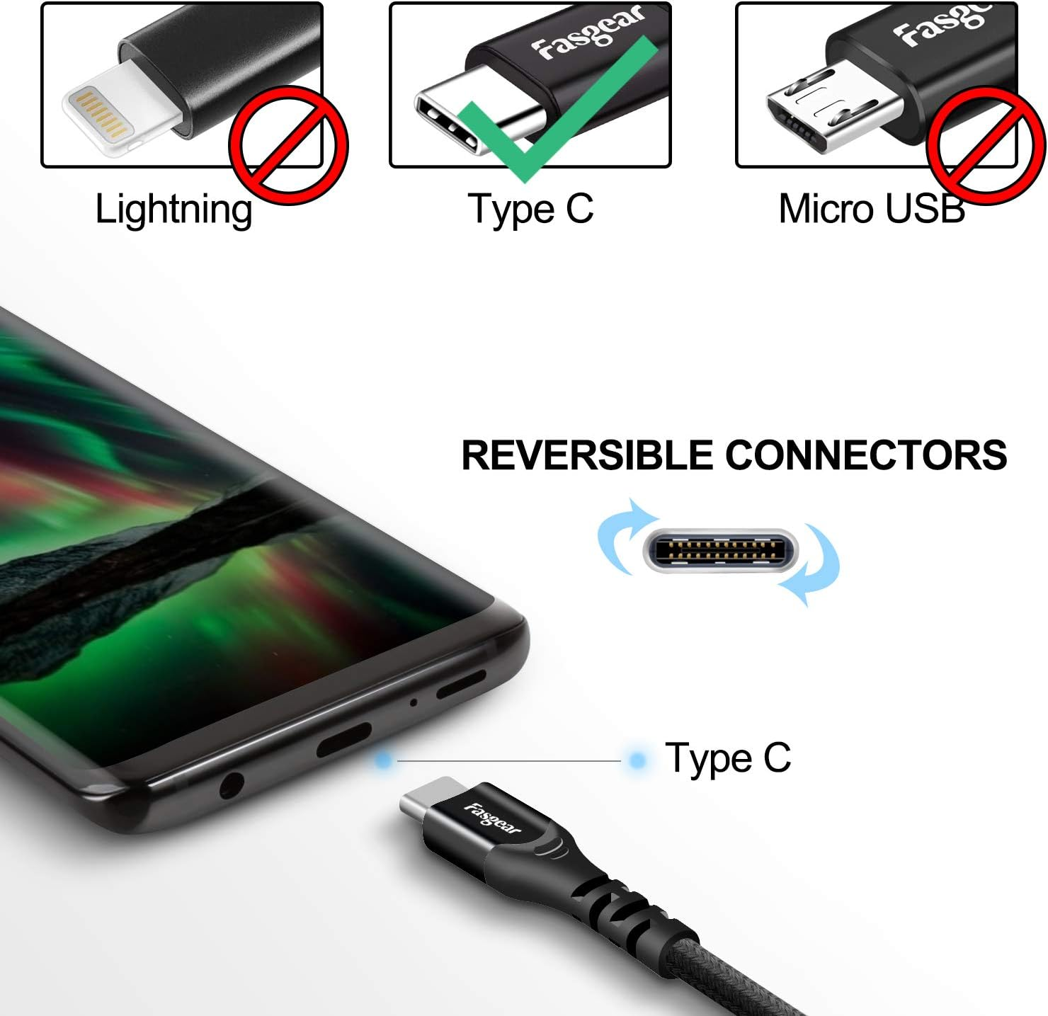 USB C Cable 1.8M, Fasgear 3A Fast Charging Nylon Braided USB 2.0 to Type C Cord High Speed Data Transfer Compatible with Galaxy S21 S20 Ultra S10 Note 9 S8, Moto G6 G7, Xperia L1 XA2, Huawei P20 Lite, Xiaomi MI 10 Pro (Black) image number 5