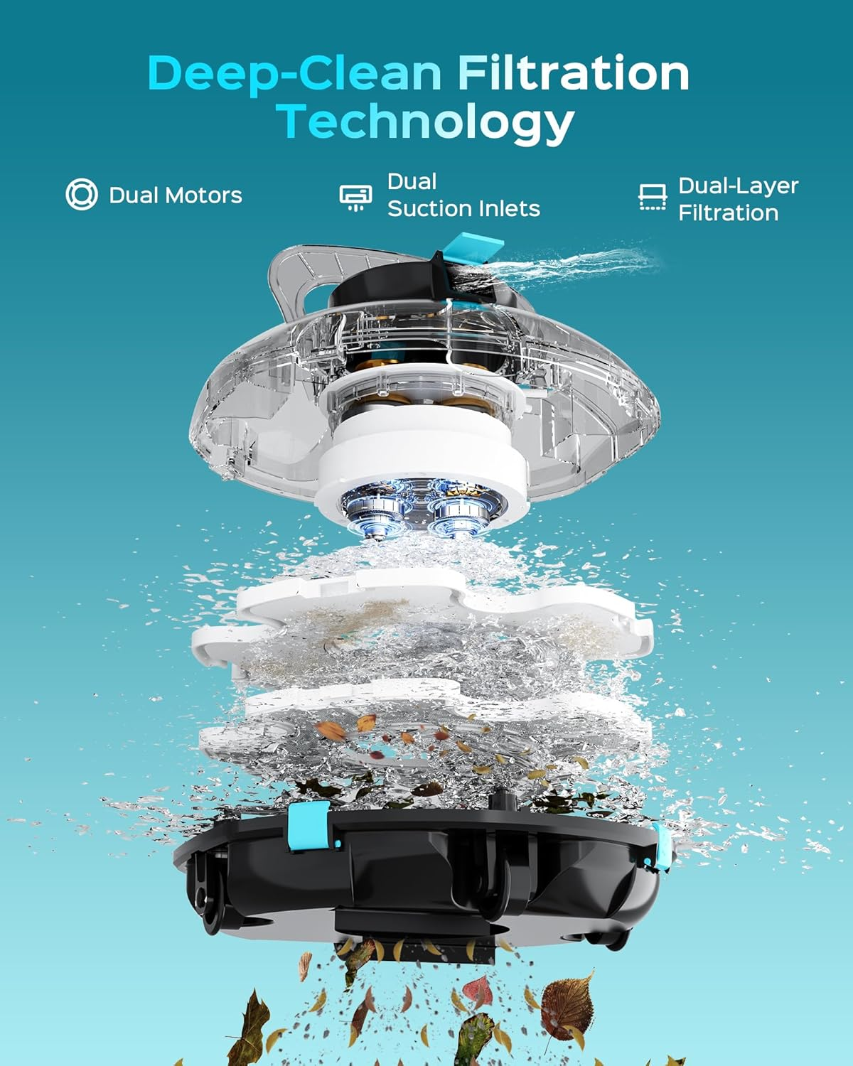 Winny Cordless Pool Cleaner Robot for above Ground Pools with Powerful Suction, 180 Micron Dual Filtration, Auto Self-Parking, 80-Min Runtime, Lightweight & Rechargeable (Transparent Gray) image number 5