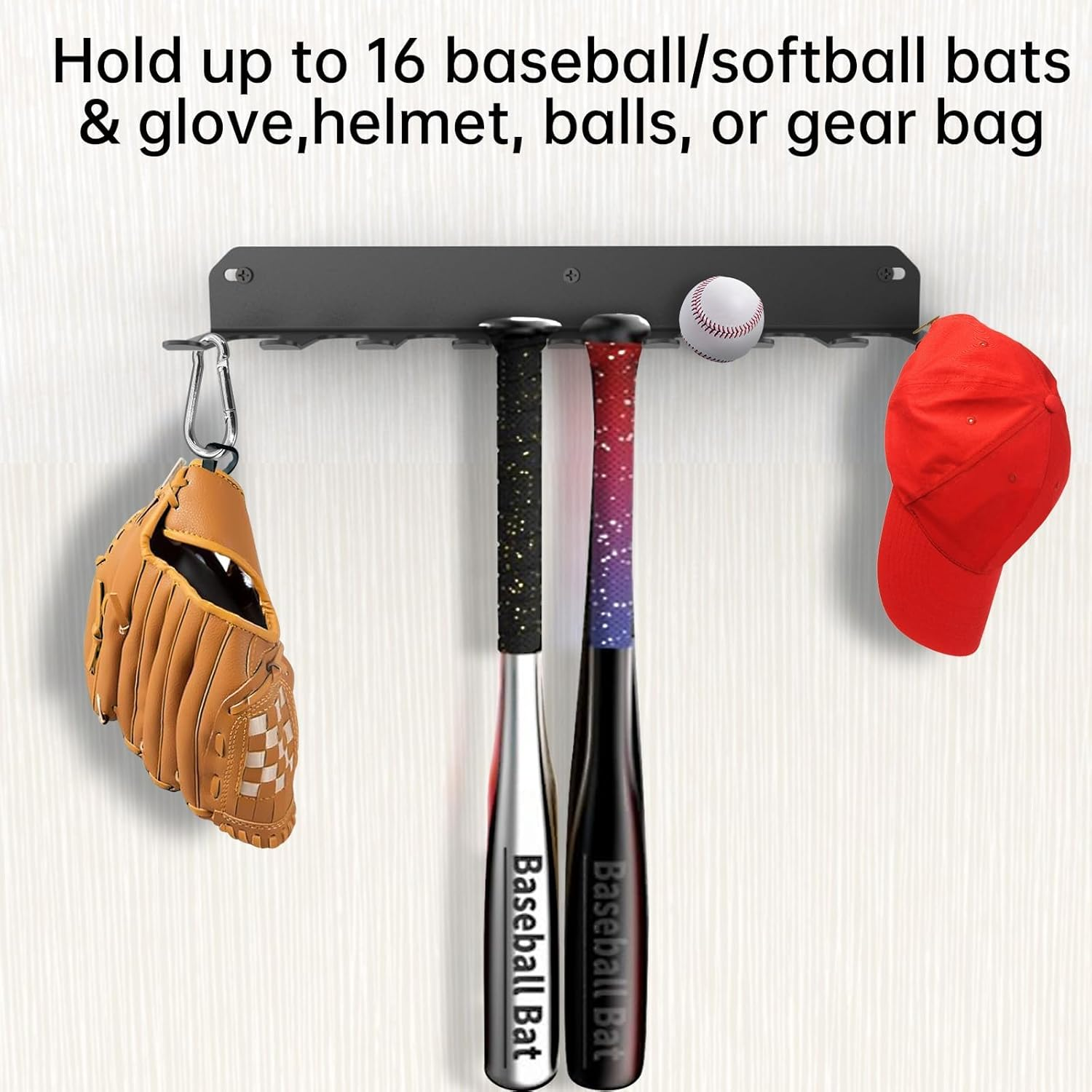 Cozioz Baseball Bat Rack Wall Mount &ndash; Holds 16 Bats, Sports Equipment Organizer with Heavy Duty Hooks for Gym, Garage, Gloves, Bags, Barbells &ndash; Black