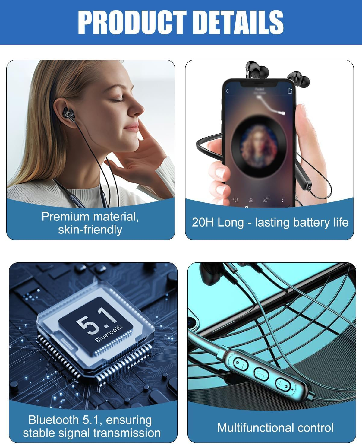 Bluetooth 5.1 Neckband Earphones Bluetooth Earphones Wired Sport with Noise Cancelling Mic, Magnetic Headset Lightweight Neckband Headset for Running Waterproof Sweat for Cycling Workout GYM Home image number 1