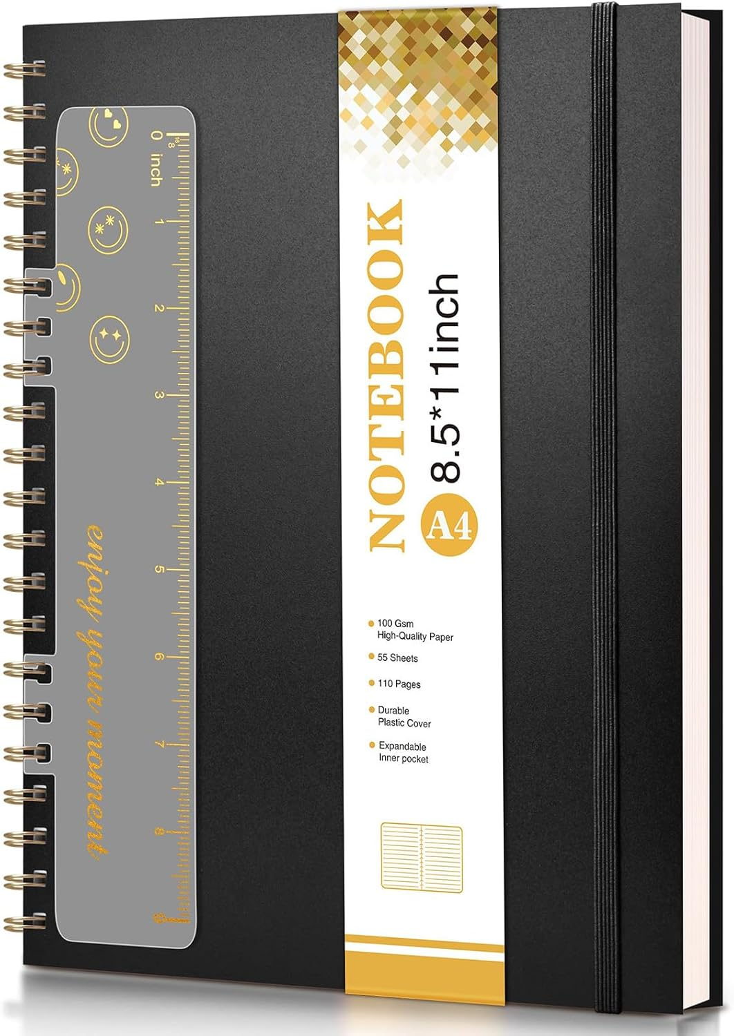 Gemuity A4 Spiral Notebook 8.5 X 11 Inch &ndash; 110 Pages 100 GSM High-Quality Paper, with Transparent Ruler, Durable Plastic Cover & Expandable Inner Pocket for Study/Office Use