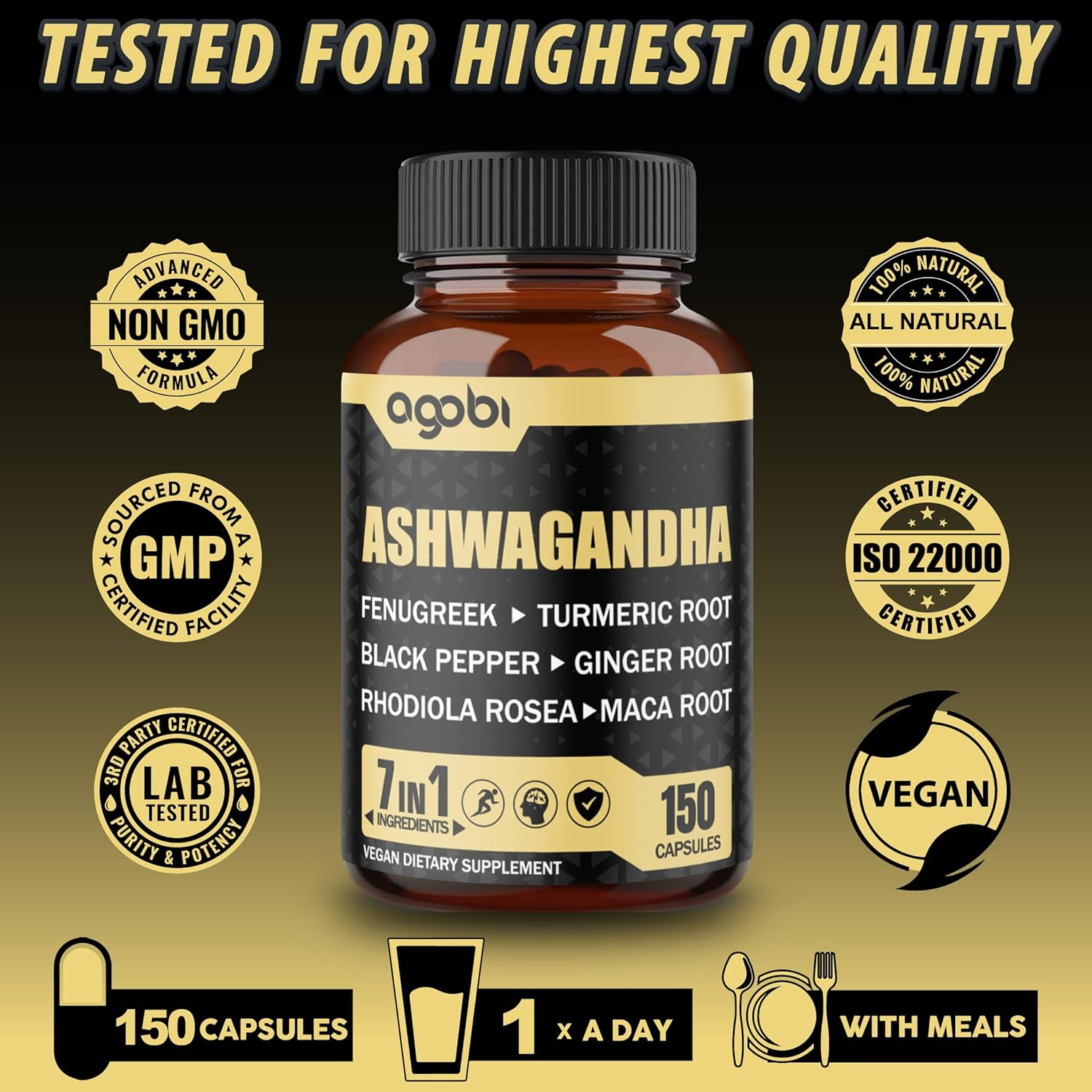 Ashwagandha Extract Capsules - 7In1 with Fenugreek, Maca, Turmeric, Rhodiola, Ginger & Black Pepper - 8050Mg Equivalent - 5 Month Supply. image number 3