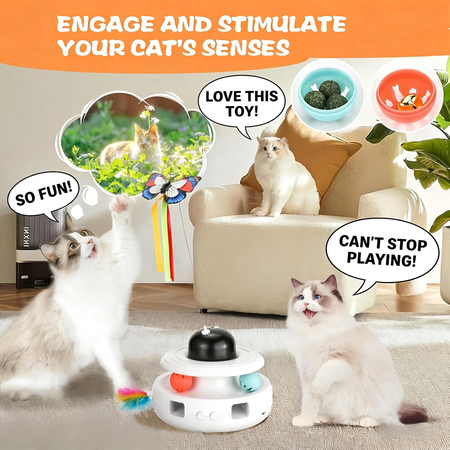 Interactive Cat Toys, 5-In-1 Indoor Automatic Cat Toy, Rechargeable, Safe, Silent,Intelligent Activation, Featuring Lights, Ball, Butterfly, Bird Sound, Feather, Rechargeable, Suitable for All Cat image number 1