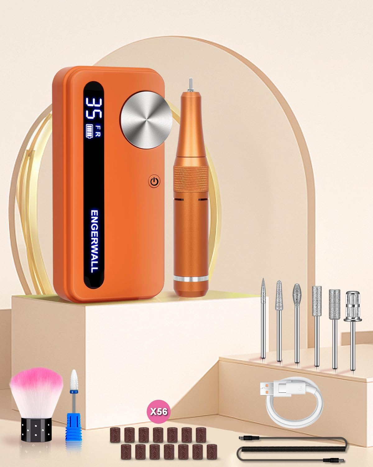 ENGERWALL Professional Manicure Pedicure Set, Rechargeable Nail Cutter 35000 Rpm, Portable Wireless Electric Nail File, Nail Care Tool for Grinding, Trimming and Polishing, Orange image number 5
