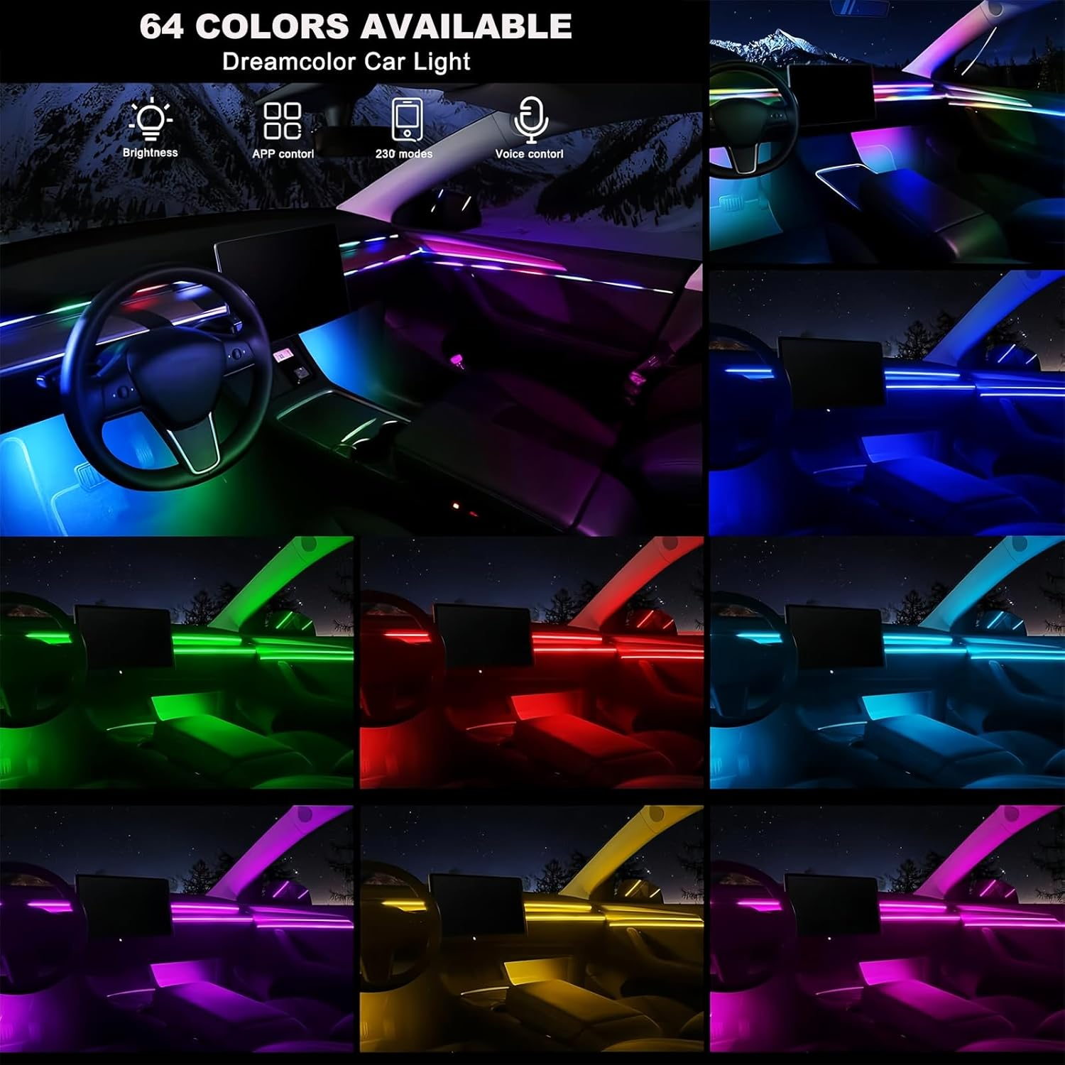 Acrylic Interior Car LED Lights 6-In-1 Kit, APP Control with USB Port, RGB Music Sync Ambient Lighting, Neon Strip for Dashboard & 4 Doors, Universal for Cars Trucks SUV image number 1