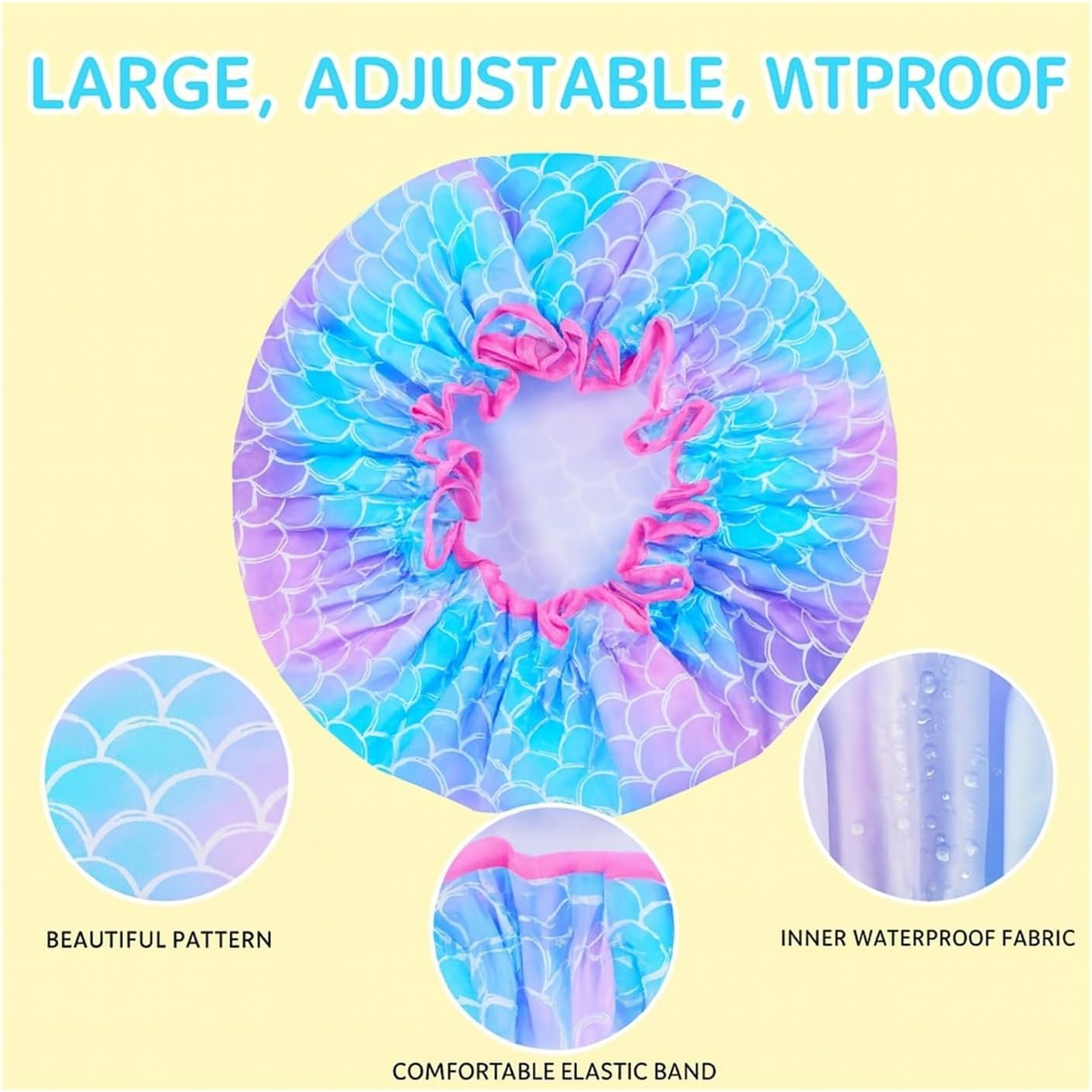 3 Pack Kids Shower Caps &ndash; Waterproof Reusable Hair Caps for Girls & Toddlers, Oversized Adjustable PE Bath Caps with Cute Design for Children and Women image number 2