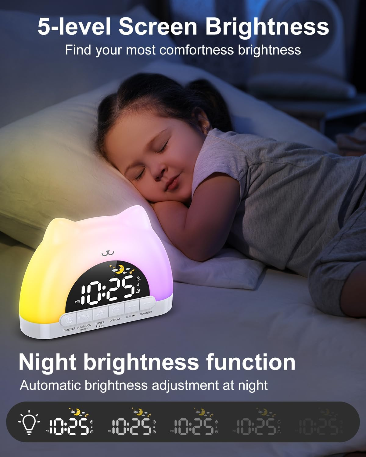 OQIMAX Kids Alarm Clock Cat Alarm Clock Bedside with 11 RGB Color Night Light Toddler Sleep Training Digital Clocks with 10 Alarm Sounds 5 Brightness Adjustment Plug-In OK to Wake Clock for Boys Girls image number 6