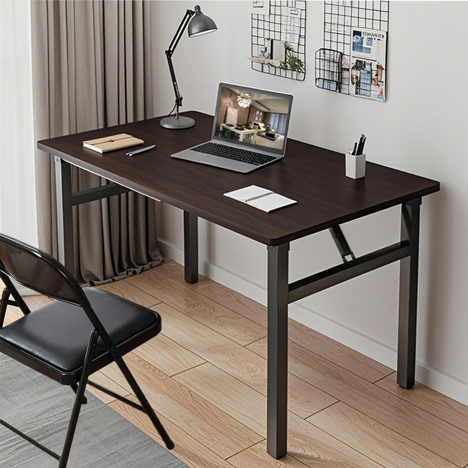 Folding Desk, Foldable Desk for Small Spaces, Space Saving Computer Table Writing Workstation for Home Office, Easy Assembly (Dark Walnut, 80 X 50 X 75 CM) image number 6