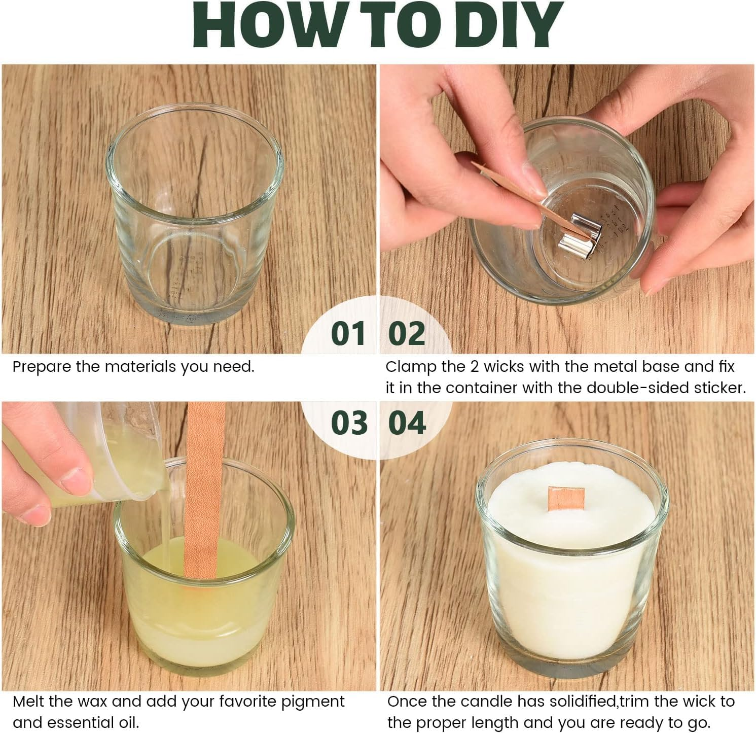 420PCS Wood Wicks for Candles Making, with 100 Crackling Wood Candle Wicks & 100 Metal Base 120 Warning Labels 100 Glue Dot for Candle Making Kit