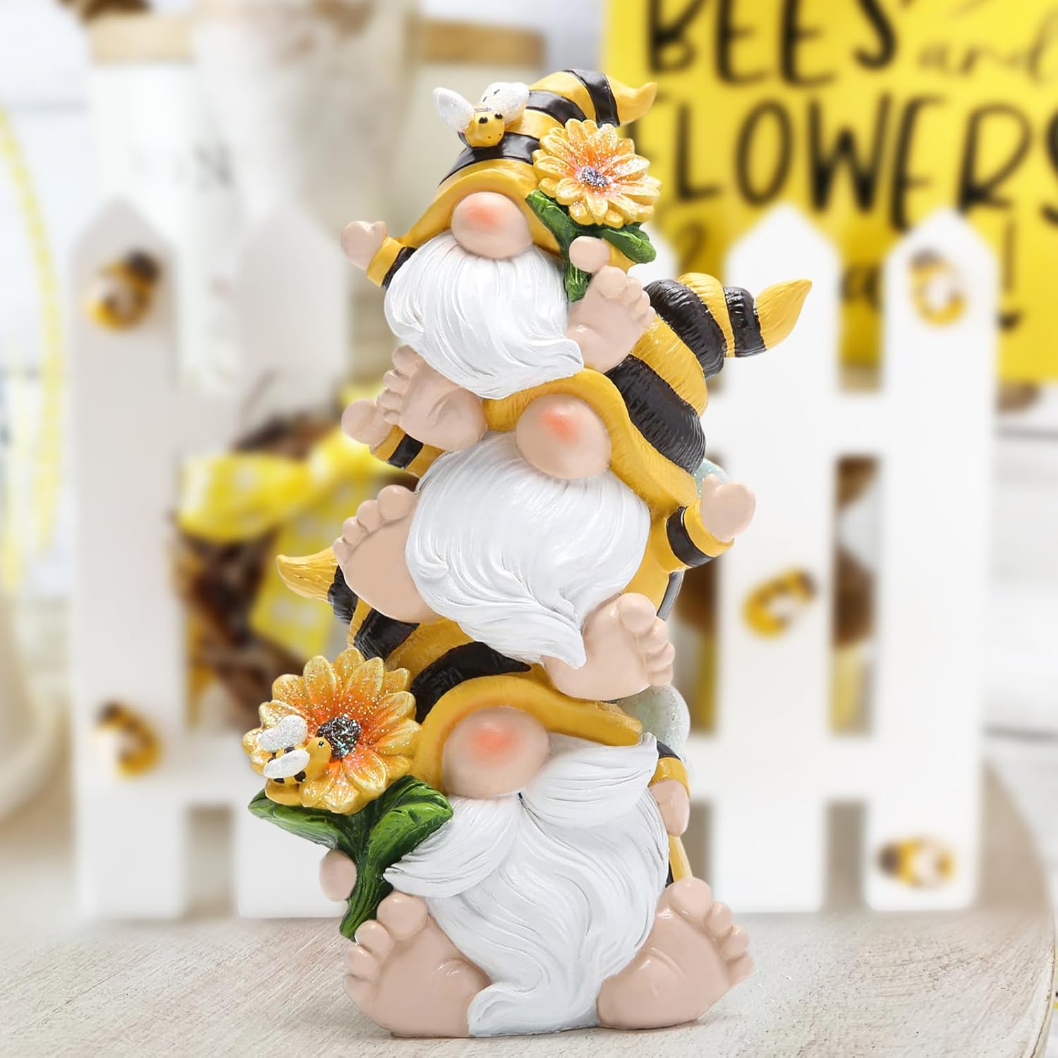 Hodao Summer Bee Gnome Decorations Indoor Home Table Decor Cute Stacked Bee Gnome Figurines Gifts -Swedish Dwarf Elf Figurines Summer Garden Honey Bees Gnomes Decorations (Bee1) image number 3