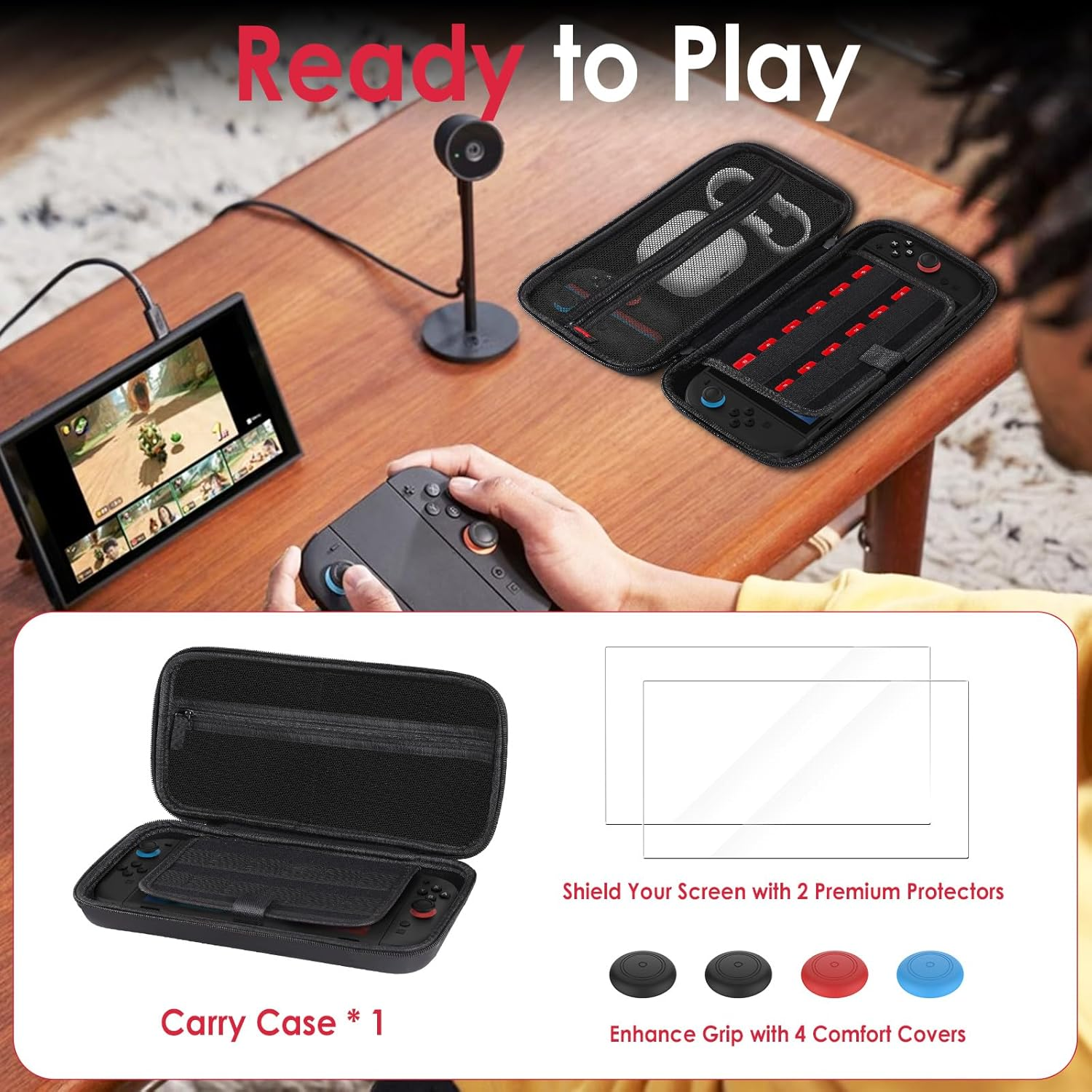 Simpeak 3 in 1 Accessories Travel Carrying Case Compatible with Switch 2 (2025), 1X Hard Shell Storage Bag with 2X Tempered Glass Screen Protector and 2 Pairs Thumb Grips Caps image number 3