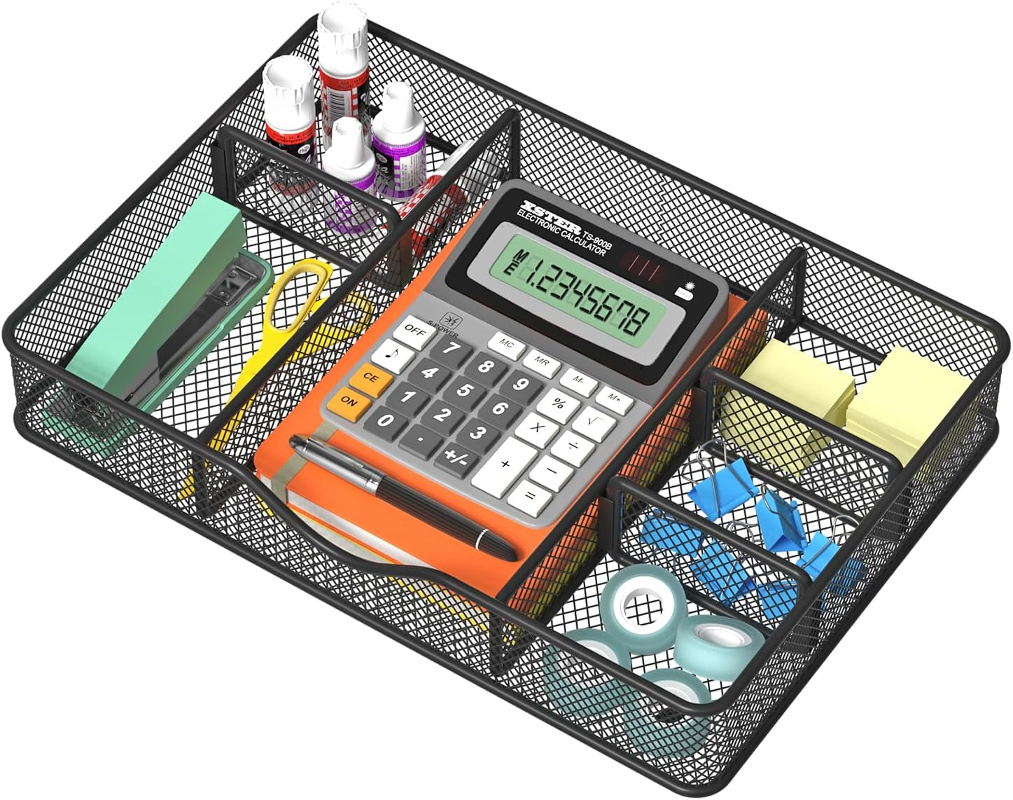 Vygrow Desk Drawer Organizer, Metal Mesh Drawer Organizer Tray with 6 Adjustable Compartment, Tray Organizer for Desktop, Kitchen, Bathroom, Makeup, Vanity - 14.5X8.8X1.96 Inch, Black, 1PC Large