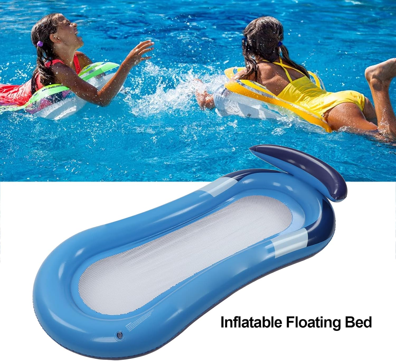 EVTSCAN 63"X31" Floating Pool Bed with Headrest, Foldable PVC Soft Mesh Inflatable Swimming Pool Loungers, Water Hammock for Adults, Kids Pool Lake Beach Pond River Island image number 2