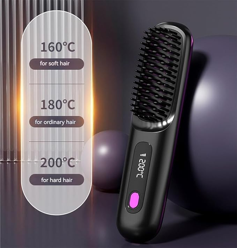 Portable Straightener Brush, Fast Heating Cordless Hair Straightener Brush, USB Rechargeable Negative Ion Anti-Scald Hot Comb, 3 Temp-Settings, Travel Essential Women(Black) image number 5