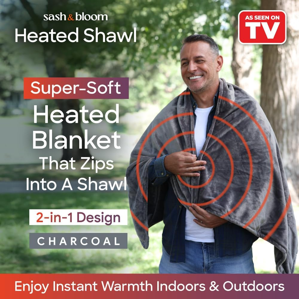 Sash & Bloom Heated Shawl - Charcoal &ndash; Super-Soft and Stylish Portable 2-In-1 Heated Blanket and Shawl, 3 Settings, Heats up to 55 Degrees, Auto-Off, for Sport Games, Camping, Hiking, Office, Home image number 3