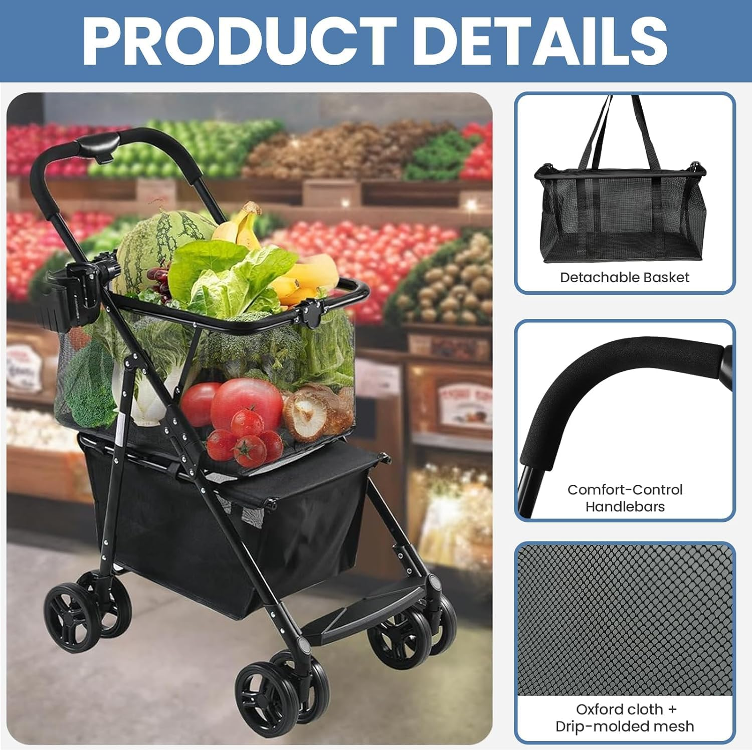 Folding Shopping Cart 50Kg, Portable Collapsible Grocery Cart, Two Tier Collapsible Shopping Trolley with Removable Basket and 360&deg; Swivel Wheels, One-Hand Fold (Black) image number 3