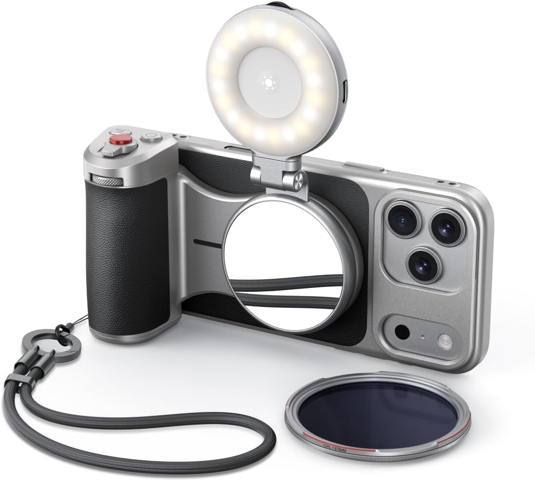 TELESIN Master Grip Kit for Iphone 17 Pro, Magnetic Phone Camera Grip with C03 Selfie Light + UV Filters +VND Filters, Creator Combo Built Wireless Charging - Cooling Graphene Case image number 1