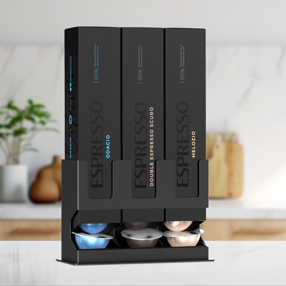 GALVANOX Pod Dispenser Designed for Nespresso Vertuo Capsules (3 Box Sleeve Holder) Freestanding Countertop Organizer Stand, Non-Slip Steel Base, Dispenses 3 Coffee Flavors (30 Vertuoline Pods) image number 5