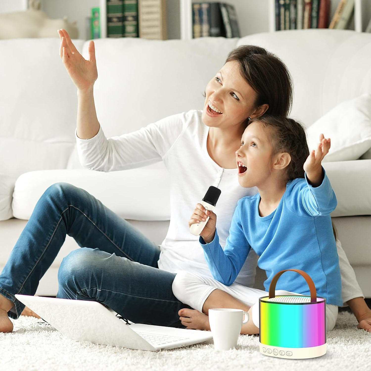 Karaoke Machine for Kids Adults, Portable Bluetooth Mini Karaoke Microphone Singing Speaker with 2 Wireless Mic and Light,Toys for All Smartphones,Tablets PC (Milk White) image number 4