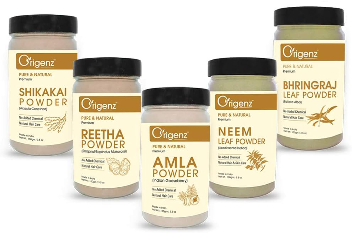 Origenz Premium Amla Reetha Shikakai Bhringraj Neem Powder Combo Pack for Healthy Hair (Pack of 5 X 100Gm) image number 3