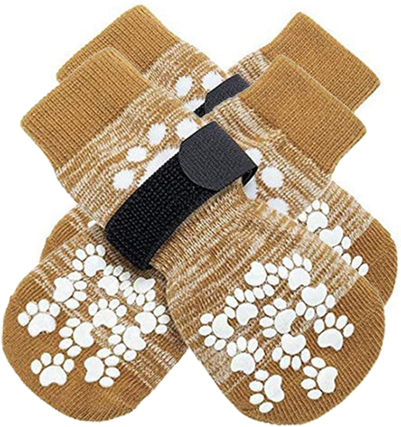 4 PCS Premium Non-Slip Dog Socks for Hardwood Floors &ndash; Anti-Slip Breathable Socks with Extra-Thick Grips & Straps&ndash; Stops Licking, Prevents Slipping & Protects Paws - Ideal for Dogs (Brown, L)