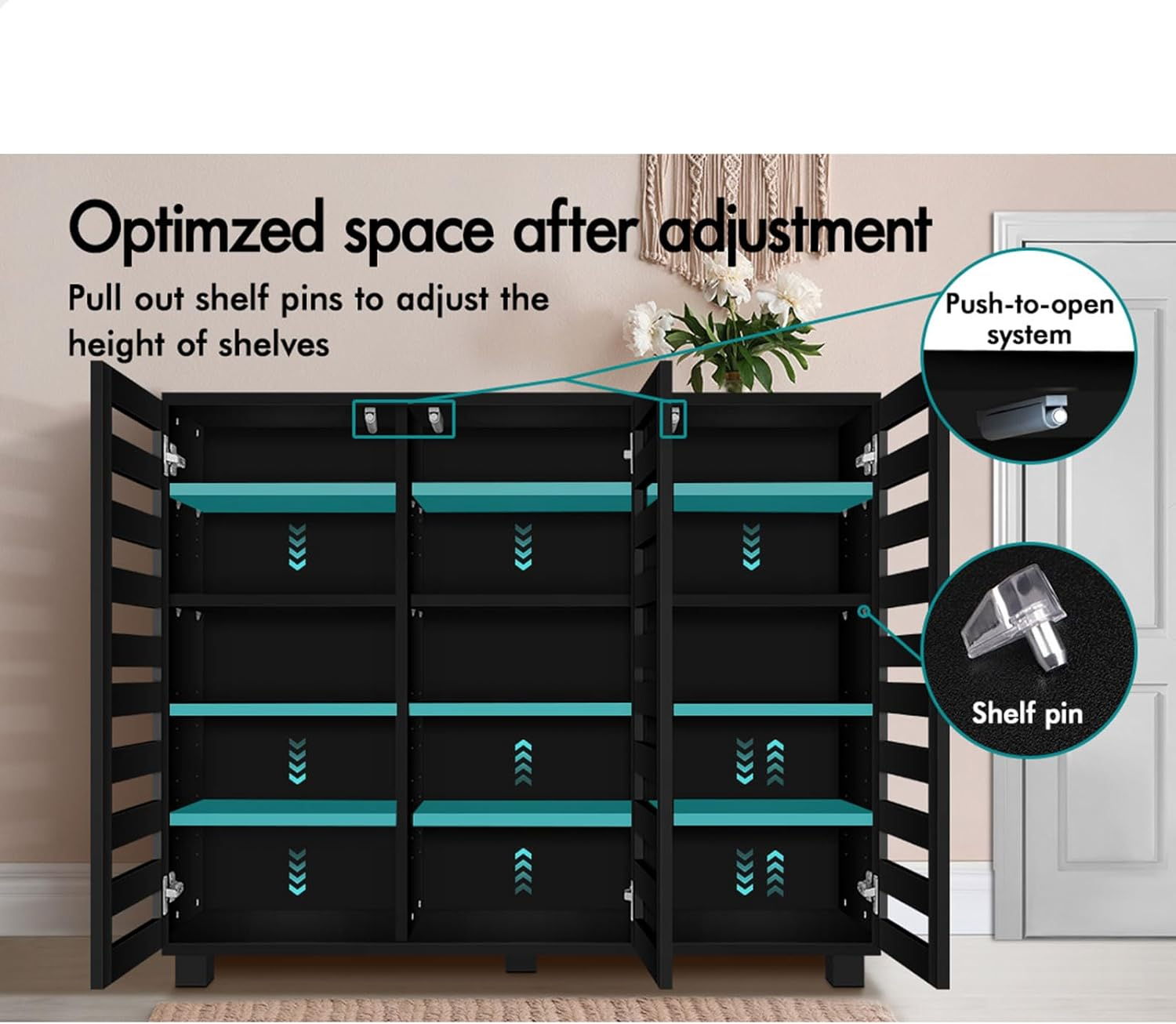 ALFORDSON Shoe Cabinet 30 Pairs Shoes Storage Rack Adjustable Cabinets Organiser Drawer Shelf with Slatted Doors, Wooden Home Furniture for Living Room, Entryway, Hallway, 97Cm Black image number 4