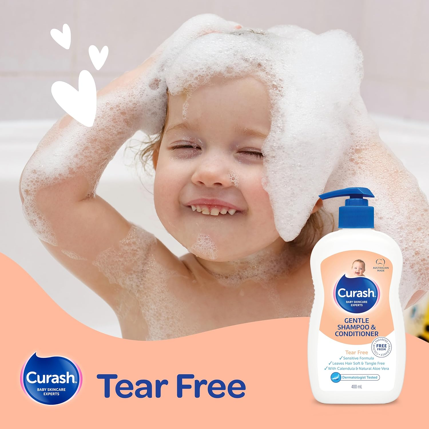 Curash Gentle Shampoo & Conditioner, 400Ml - Tear Free, for Sensitive Skin, Hypoallergenic with Calendula Oil and Aloe Vera, Free from Parabens, Colour and Fragrance - for Newborns and Toddlers image number 3