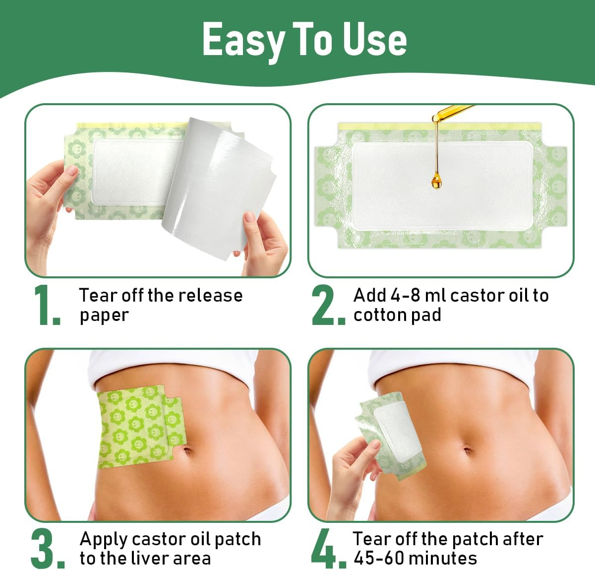 30 PCS Castor Oil Pack Wrap plus Size, Castor Oil Patches Self-Adhesive 11.8 * 6.3 in for Liver, Stomach, anti Leakage, No Wash, Portable for Women and Men image number 1