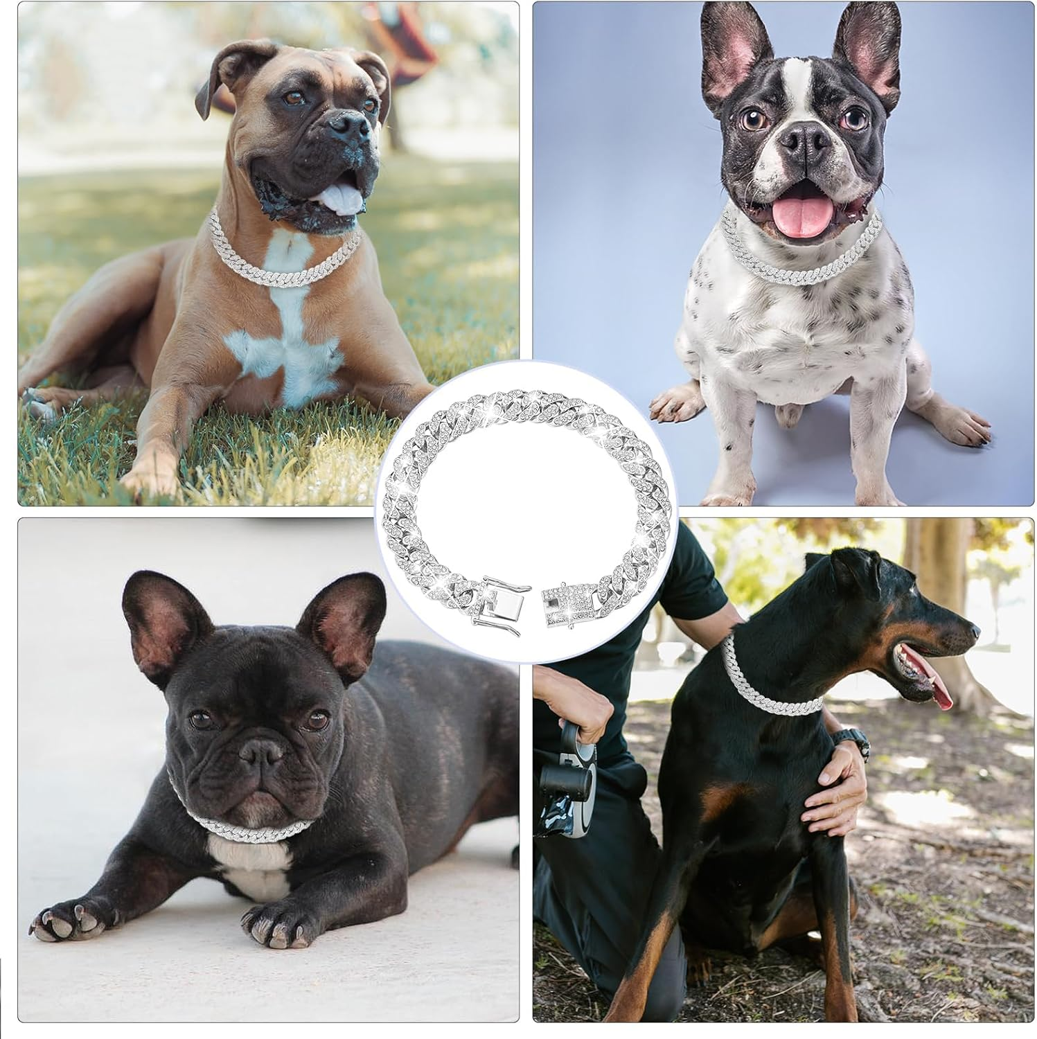 Lilbitty Silver Dog Collar Diamond Cuban Link Collar 13 Mm Wide Dog Collar Metal Cat Collar Pet Crystal Collar Jewellery Accessories 40 Cm image number 2