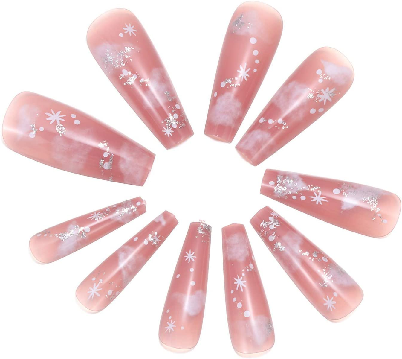 24PCS Nude Cloud Press on Nails,Long Coffin Fake Nails Nude Cloud Ballerina Nail Tips for DIY Nail Art Salon Women Girls image number 3