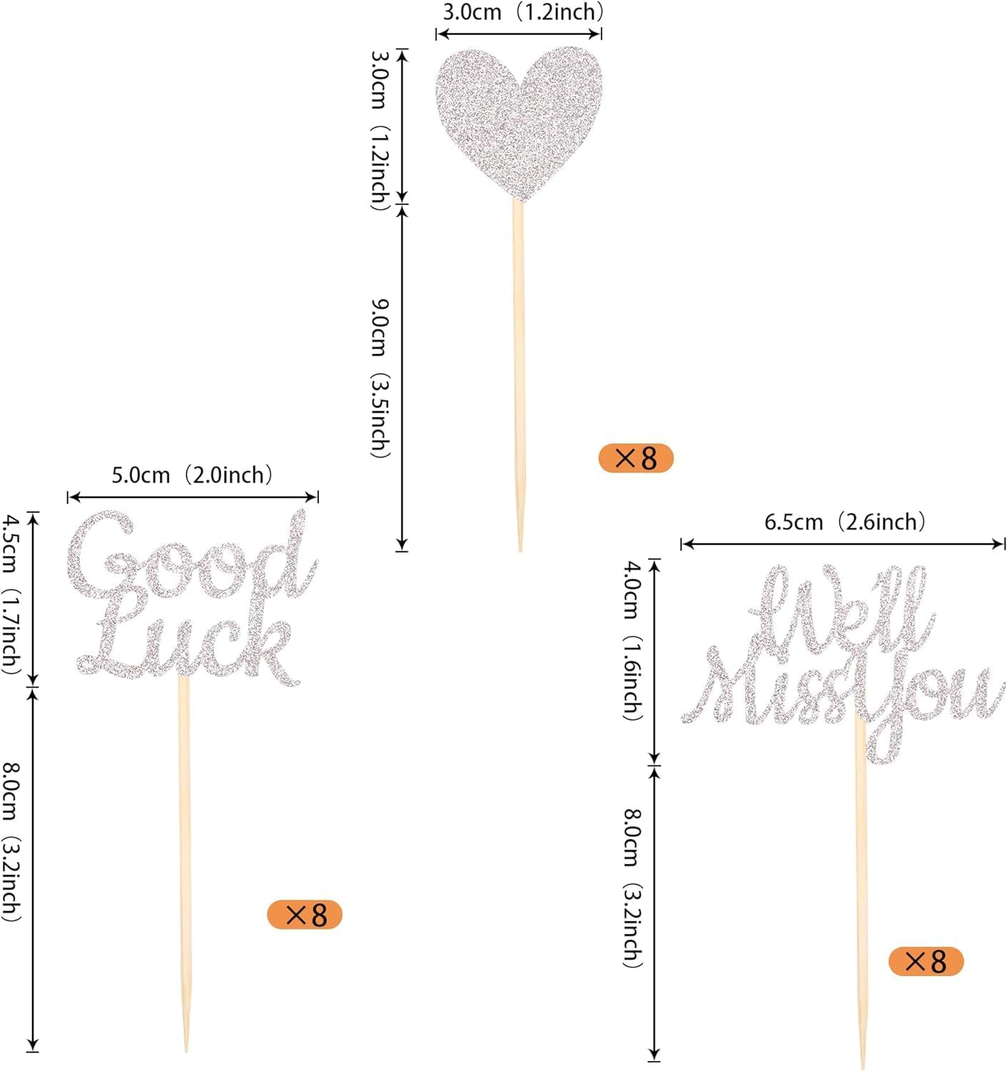 24 Pack We Will Miss You Cupcake Toppers Glitter Red Love Heart Good Luck Cupcake Picks Retirement Theme Going Away Party Cake Decorations (Silver) image number 2