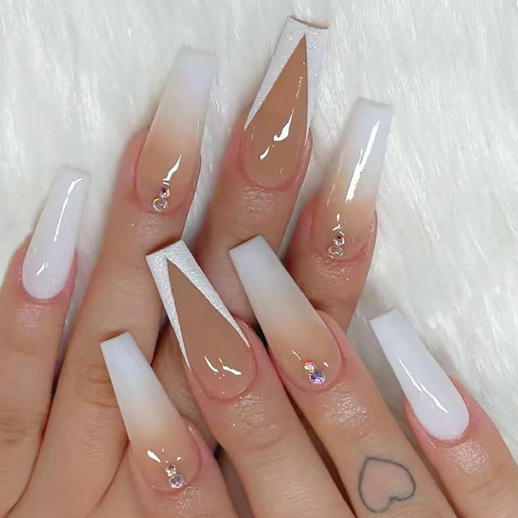 Rikview French Press on Nails Long Fake Nails Coffin with Rhinestones White Nails Glossy Acrylic Nails for Women image number 3
