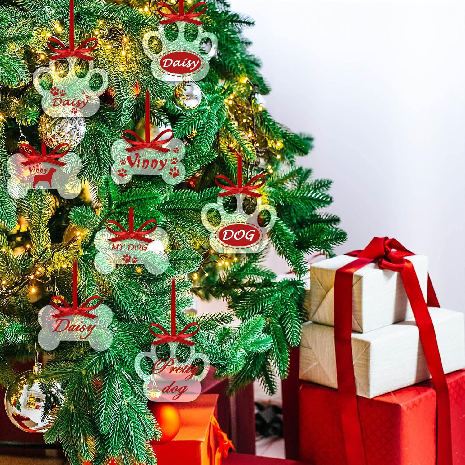 35 Pieces Christmas Acrylic Ornaments Blank Dog Paw Bone Ornaments round Disc Heart Hanging Ornament DIY Stocking Name Tag Acrylic Ornament with Paint Pen and Ribbon for Christmas Crafts (White) image number 1