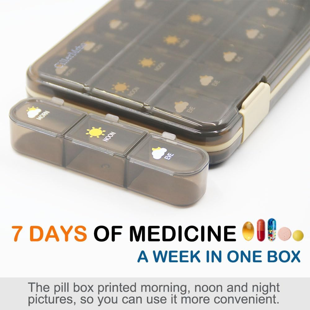 Weekly Pill Organizer, 3-Times-A-Day Pill Container 7 Day Vitamin Pill Box Portable Travel Medicine Box Medicine Dispenser Case for Vitamins Fish Oils Supplements (Brown 21 Grids) image number 3