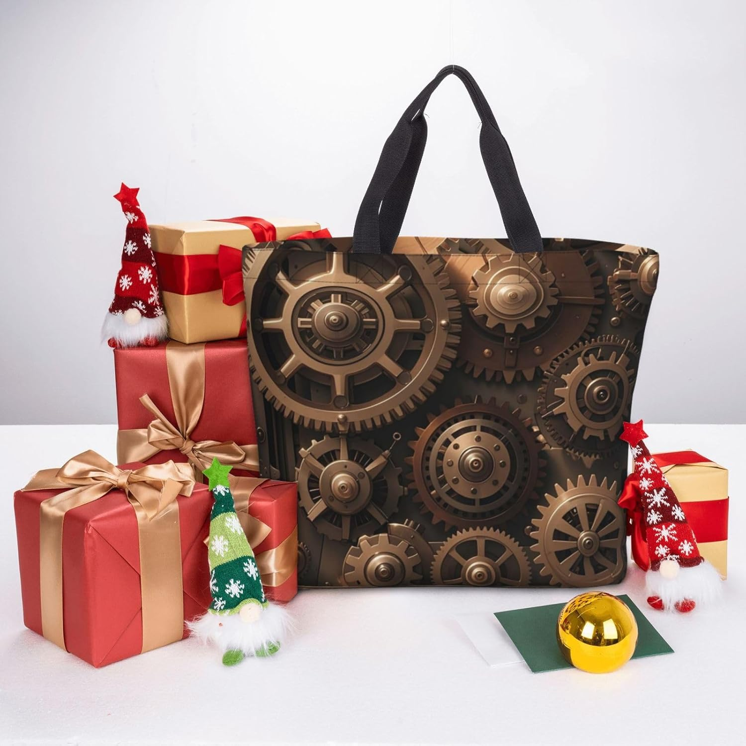 STVYUKL Steampunk Mechanical Gears Tote Bag for Women Casual Portable Shopping Handbags with Zipper Inner Pocket Reusable Waterproof Beach Grocery Bag for Shopping Travel Work, Black, One Size image number 3