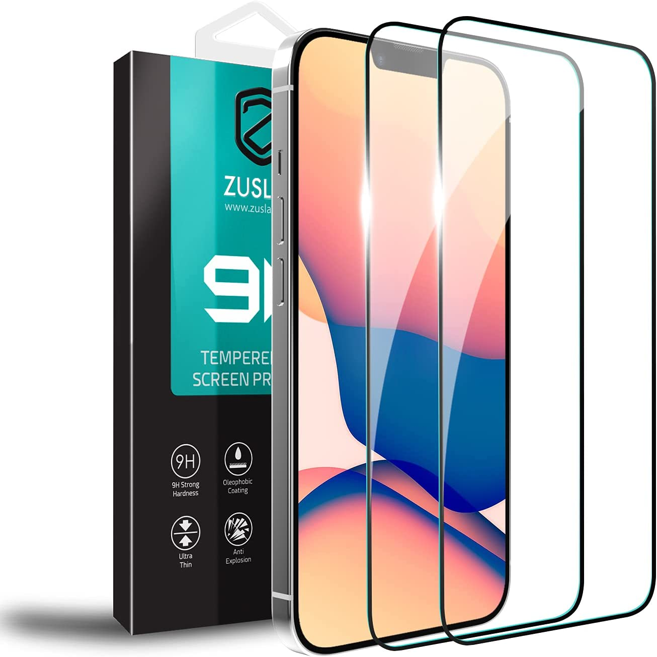 [2 Pack] ZUSLAB Screen Protector for Iphone 16E / 14/13 Pro / 13 Tempered Glass Film Case Friendly 9H Hardness for Apple - Black image number 6