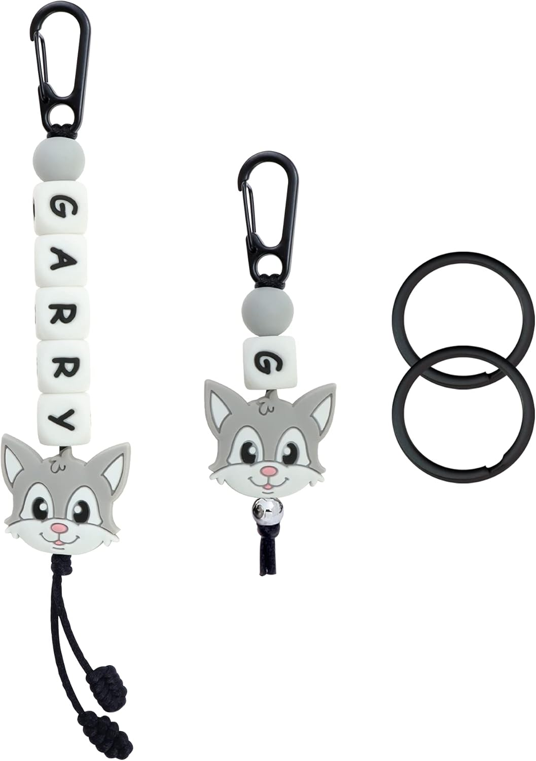 Personalised School Bag Name Tag Child ID Tag with Name, Silicone Beaded Name Tag for Childcare, Daycare, Kindergarten Backpacks - Grey Cat