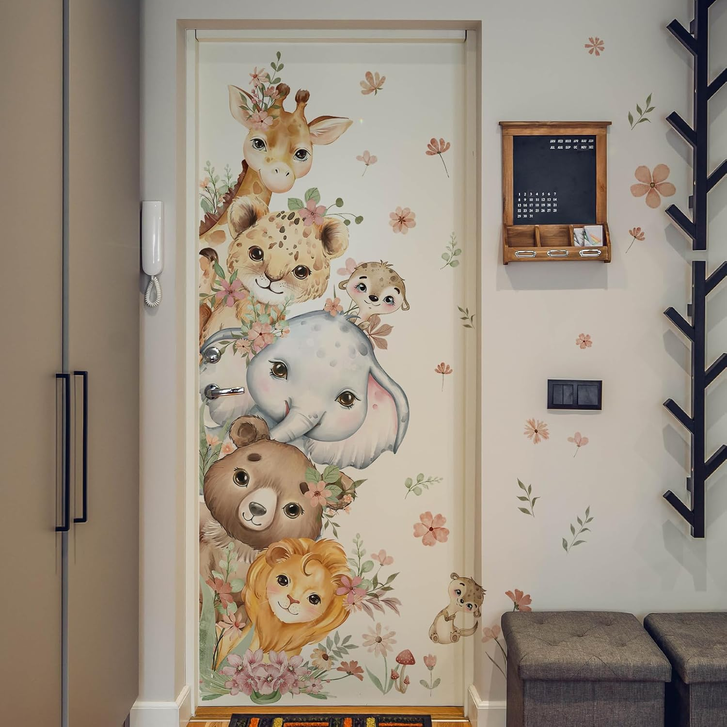 Clothmile 55.1 X 15.7 Inch Watercolor Jungle Animal Wall Decals Forest Animal Wall Sticker Elephant Tiger Giraffe Wall Decals for Kids Baby Nursery Playroom Bedroom Classroom Kindergarten Wall Decor