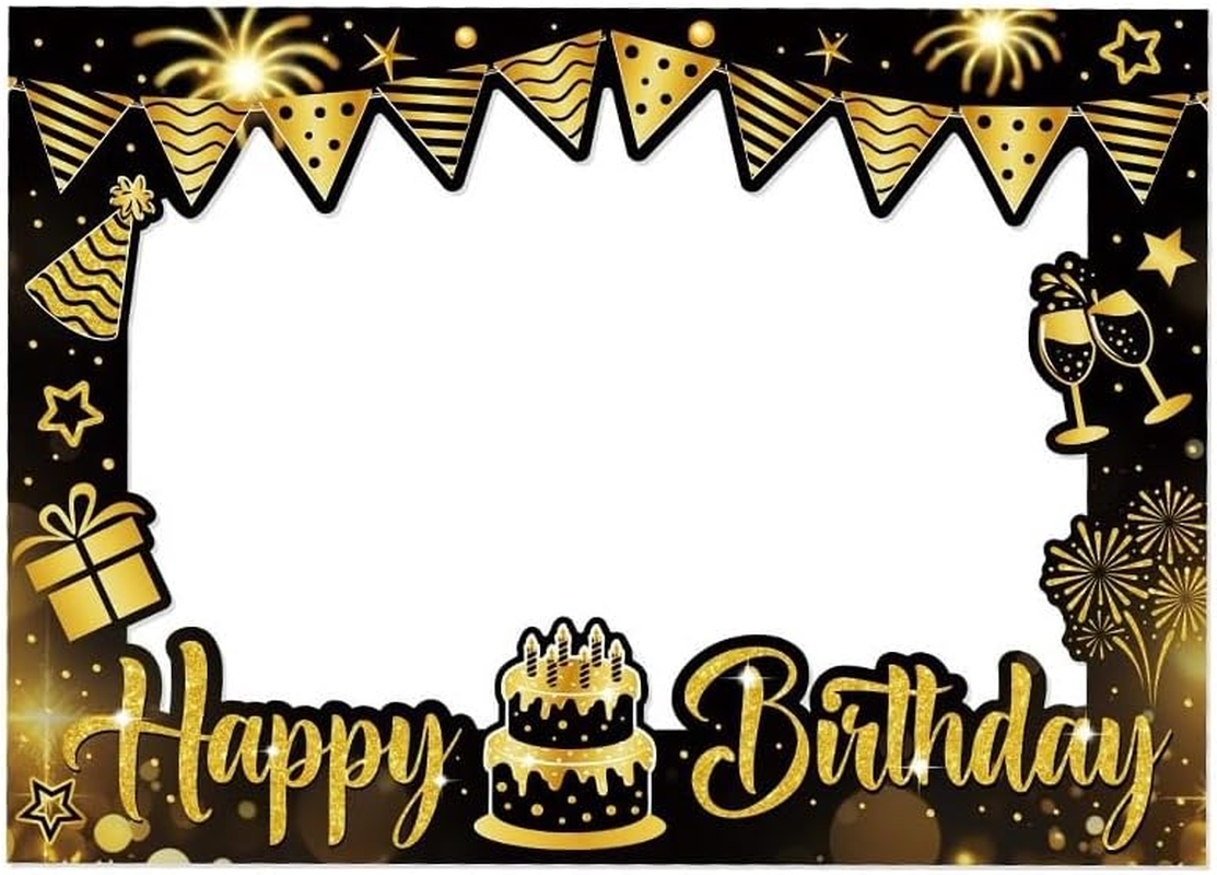 Happy Birthday Photo Frame Prop, Black and Gold Party Decoration, 70 X 50 Cm